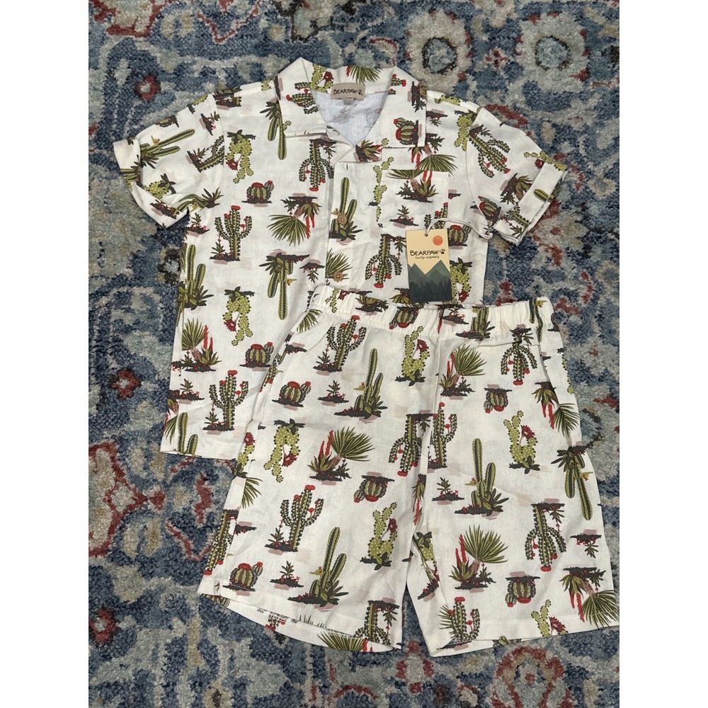 Bearpaw Shirt and Shorts Set Boys 5/6 Cream Cactus Print NWT